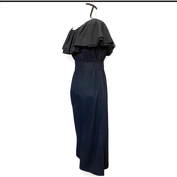 Faithfull The Brand Wide Leg Jumpsuit Sz US 4 Black Linen Ankle On Off Shoulder - Picture 11 of 15